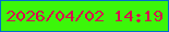 文字の大きさ：1、枠の色：026bce、背景の色：3cf60a、文字の色：d6104d 無料ブログパーツのブログ時計