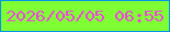 文字の大きさ：5、枠の色：0493ed、背景の色：7ffe34、文字の色：f144dc 無料ブログパーツのブログ時計