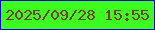 文字の大きさ：5、枠の色：0903cb、背景の色：3cfc20、文字の色：793934 無料ブログパーツのブログ時計