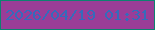 文字の大きさ：3、枠の色：0d8270、背景の色：9a3d97、文字の色：356bbb 無料ブログパーツのブログ時計