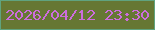 文字の大きさ：2、枠の色：60a37f、背景の色：667733、文字の色：cd6ddd 無料ブログパーツのブログ時計