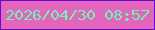 文字の大きさ：5、枠の色：6908d9、背景の色：e466bc、文字の色：6ff4b5 無料ブログパーツのブログ時計