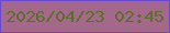 文字の大きさ：2、枠の色：6c49cb、背景の色：a4698a、文字の色：5b6d2c 無料ブログパーツのブログ時計