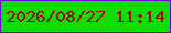 文字の大きさ：3、枠の色：6d03e1、背景の色：0fdd05、文字の色：980a00 無料ブログパーツのブログ時計
