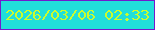 文字の大きさ：5、枠の色：7319cd、背景の色：21dfda、文字の色：cbfc2e 無料ブログパーツのブログ時計