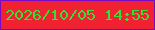文字の大きさ：5、枠の色：7a09c1、背景の色：f02232、文字の色：35e034 無料ブログパーツのブログ時計