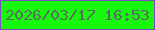 文字の大きさ：4、枠の色：7d4cc5、背景の色：16f90f、文字の色：5a6b5f 無料ブログパーツのブログ時計