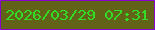 文字の大きさ：3、枠の色：8903cf、背景の色：626218、文字の色：34dd25 無料ブログパーツのブログ時計