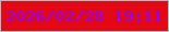 文字の大きさ：2、枠の色：98c7ca、背景の色：e40815、文字の色：8e02f5 無料ブログパーツのブログ時計
