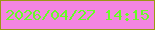文字の大きさ：2、枠の色：9c9713、背景の色：f485e1、文字の色：66fd27 無料ブログパーツのブログ時計