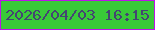 文字の大きさ：4、枠の色：bc13e9、背景の色：39ca38、文字の色：444572 無料ブログパーツのブログ時計