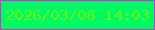 文字の大きさ：5、枠の色：cc33d7、背景の色：03f963、文字の色：66f414 無料ブログパーツのブログ時計