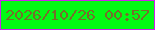 文字の大きさ：4、枠の色：cd20ed、背景の色：02fa14、文字の色：756f2b 無料ブログパーツのブログ時計