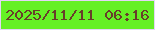 文字の大きさ：4、枠の色：e3d6f6、背景の色：65f025、文字の色：683e2a 無料ブログパーツのブログ時計